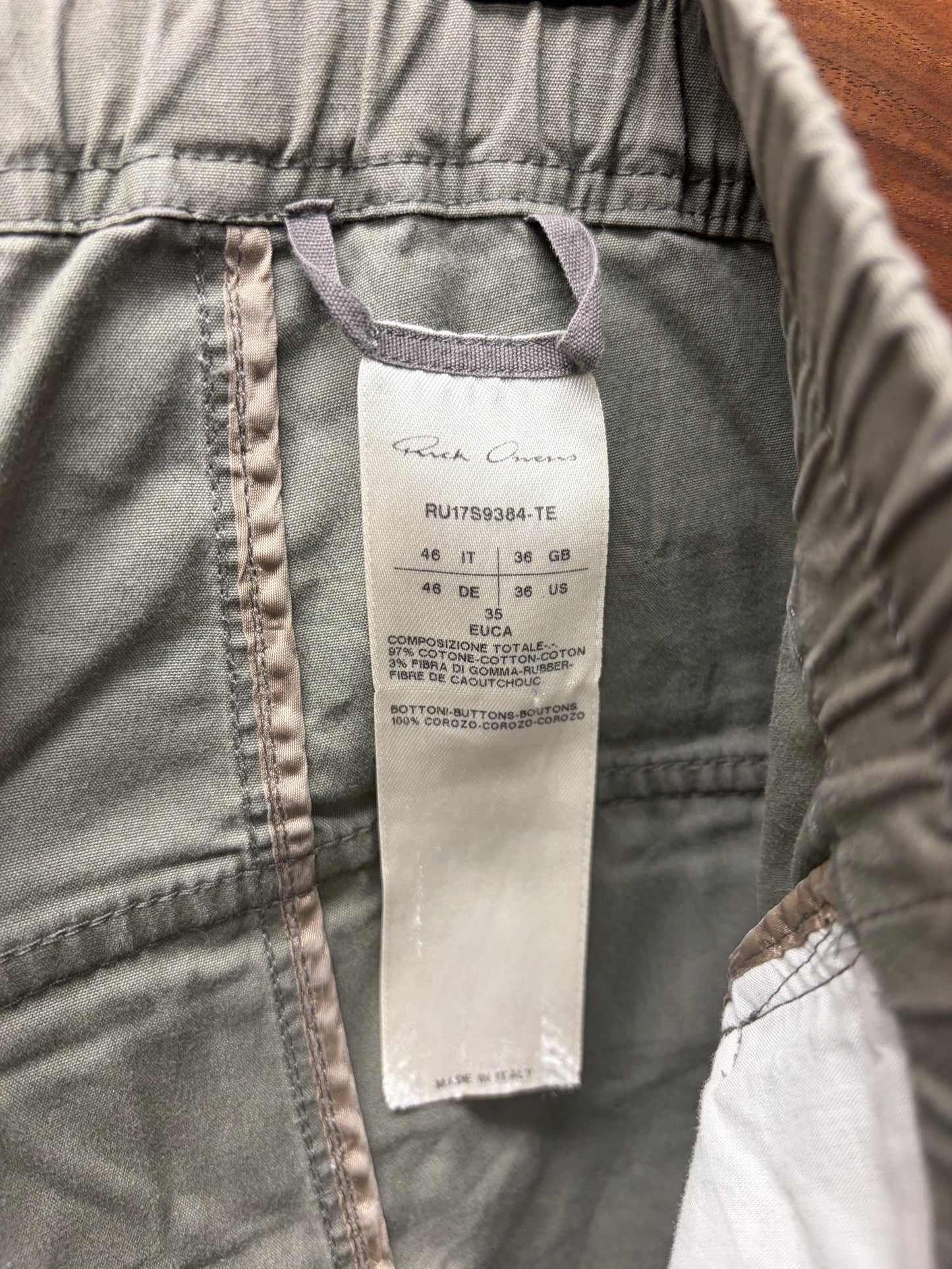 SS2017 Rick Owens ‘Walrus’ Euka Muted Green ‘Pod’ Drawstring Shorts