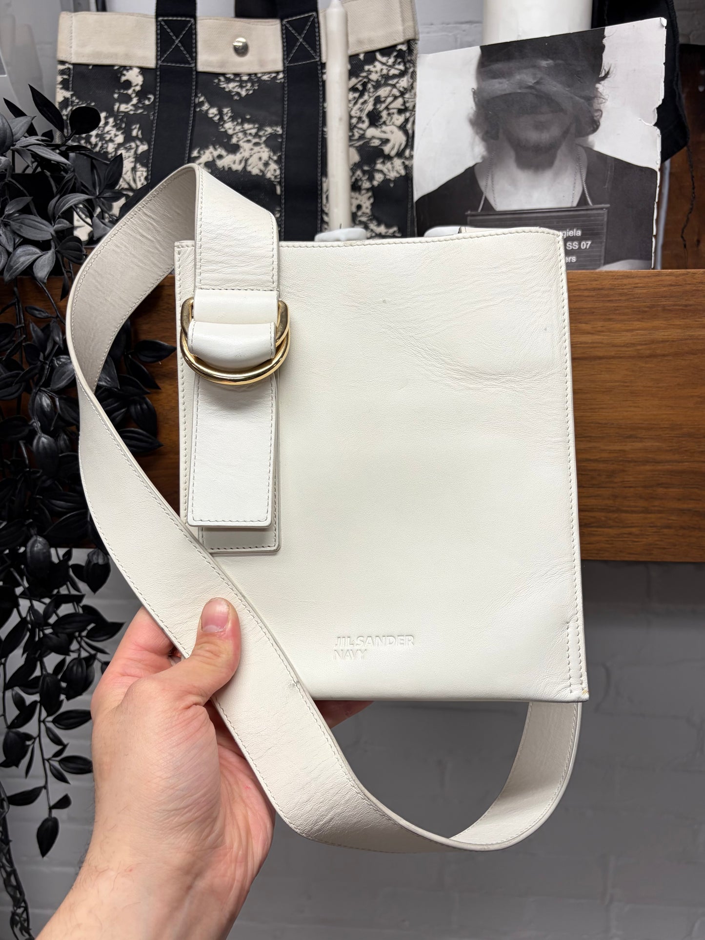 Jill Sander Square Shape White Leather Crossbody Bag