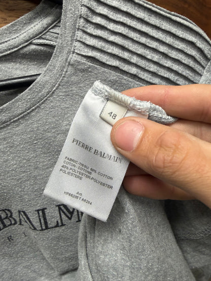 Balmain Ribbed Grey Short Sleeve Logo T-Shirt