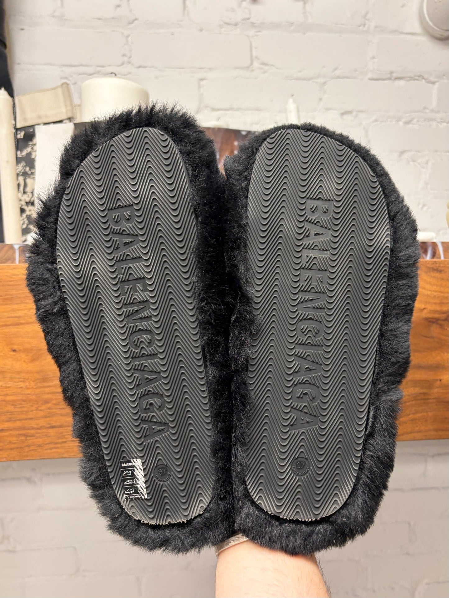 Balenciaga ‘Campaign Logo’ Black Fuzzy Slippers