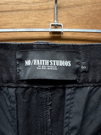 No Faith Studios Stone Wash Flare Pocket Black Cargo Denim
