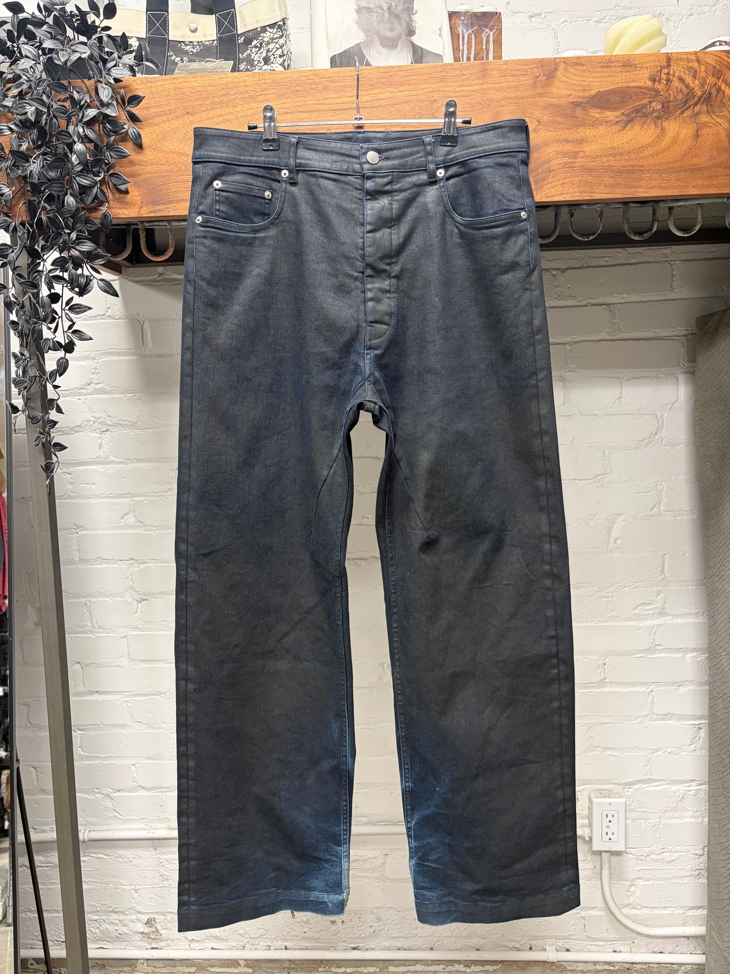 Rick Owens Overdyed Blue/Black Waxed ‘Geth Cut’ Wide Leg Denim