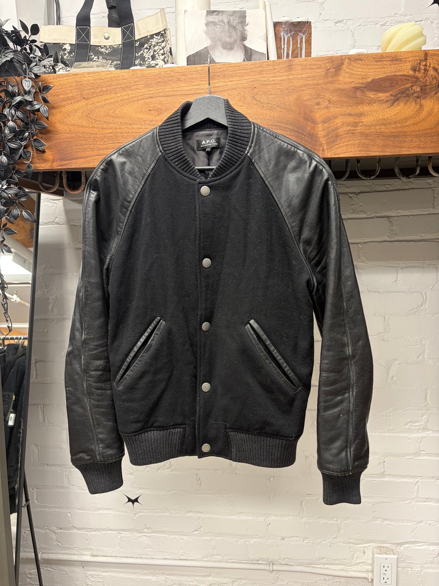 A.P.C. Black Wool/Leather Varsity Bomber Jacket