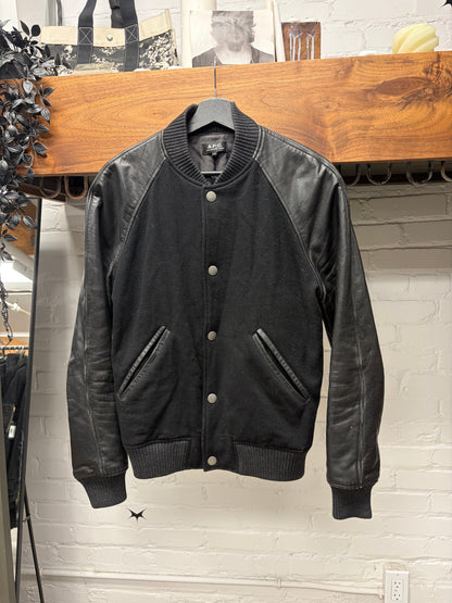 A.P.C. Black Wool/Leather Varsity Bomber Jacket