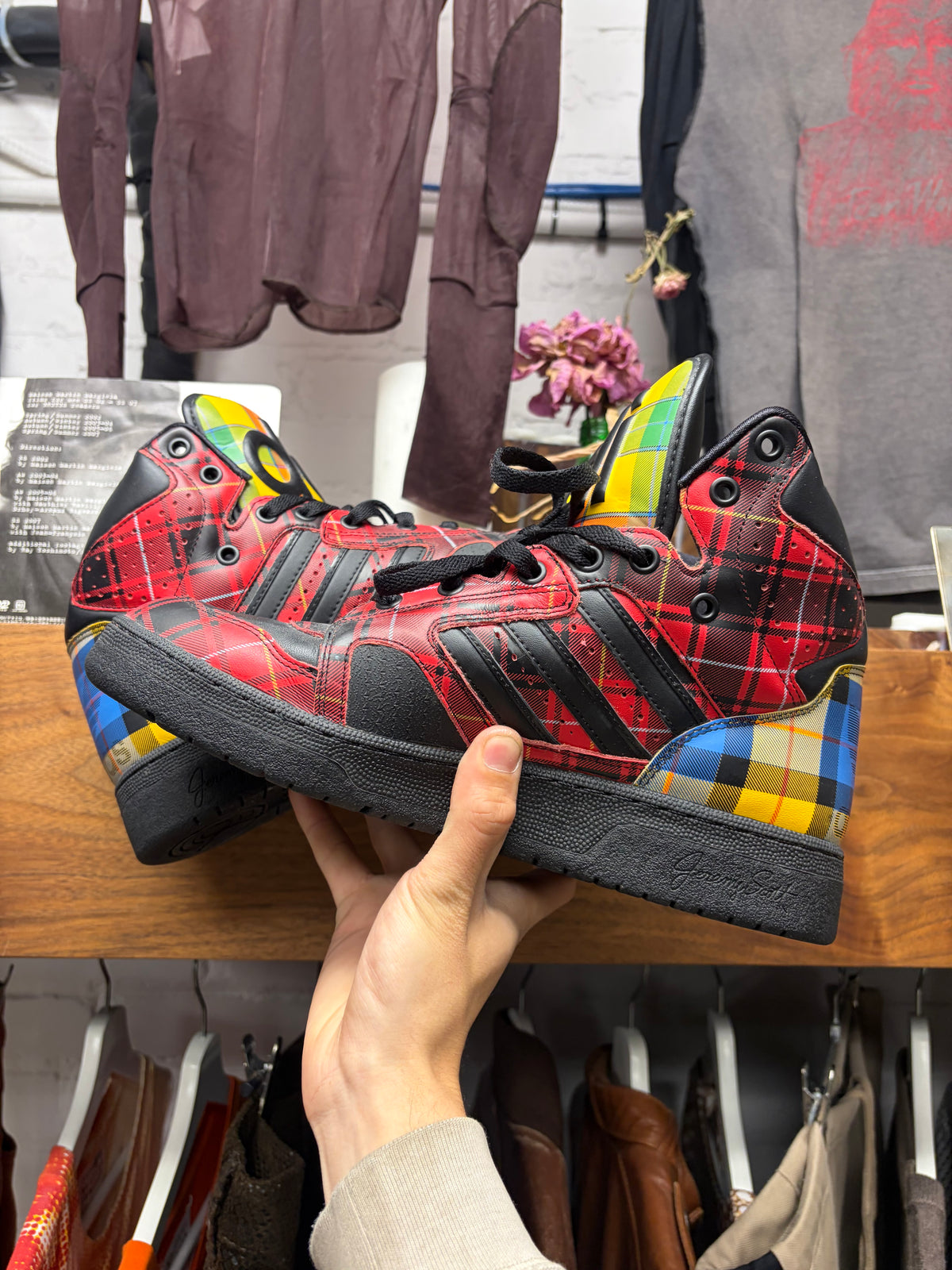 2013 Jeremy Scott x Adidas ‘Instinct’ Plaid Leather High Top Sneakers