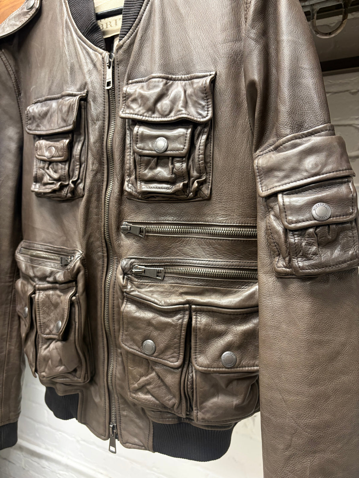 Burberry ‘Brit’ Brown Lambskin Leather Cargo Bomber Jacket with Nova Check Monogram Interior Liner