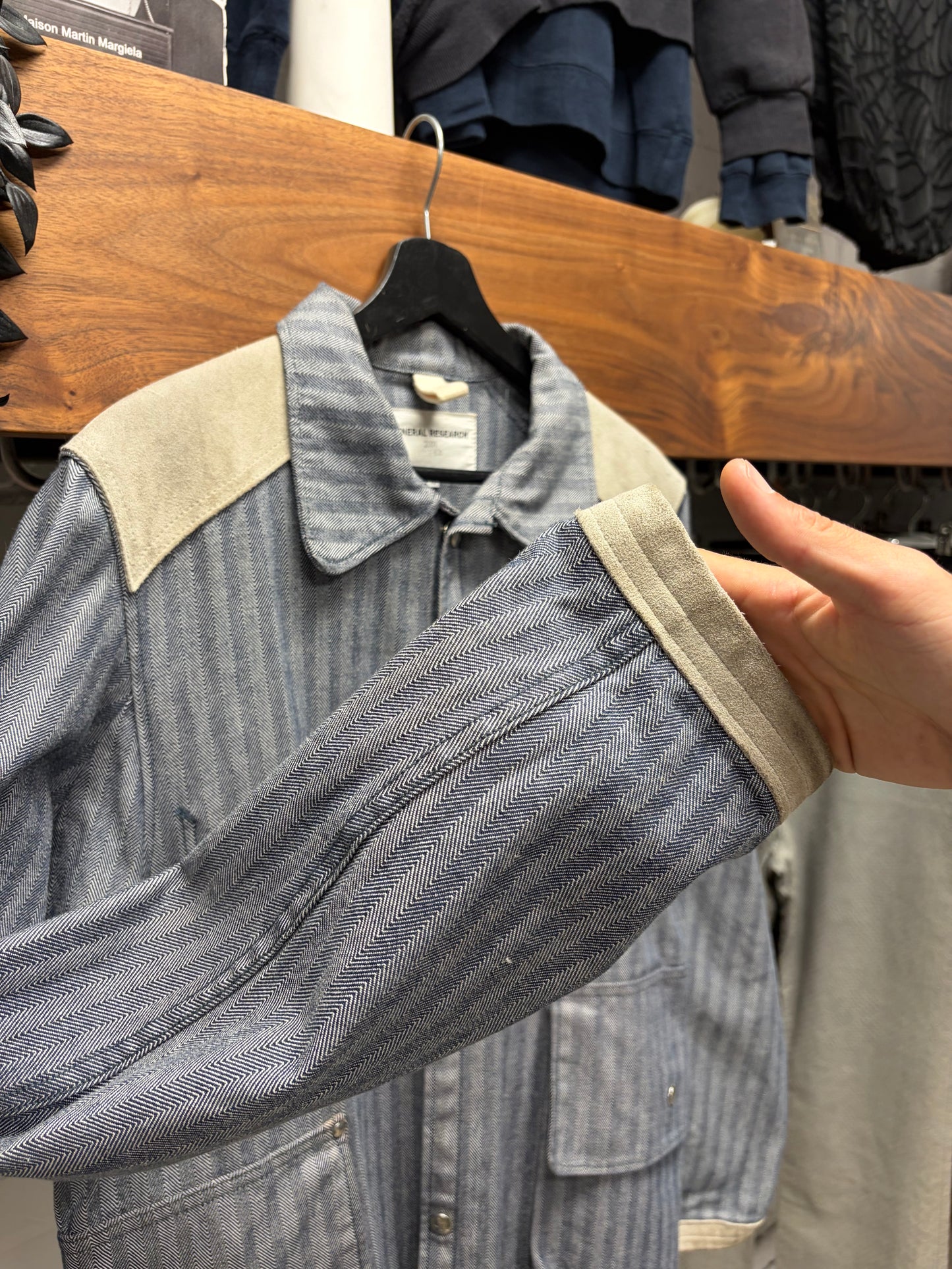 2001 General Research Pinstripe Denim Workwear Jacket with Cream Accents