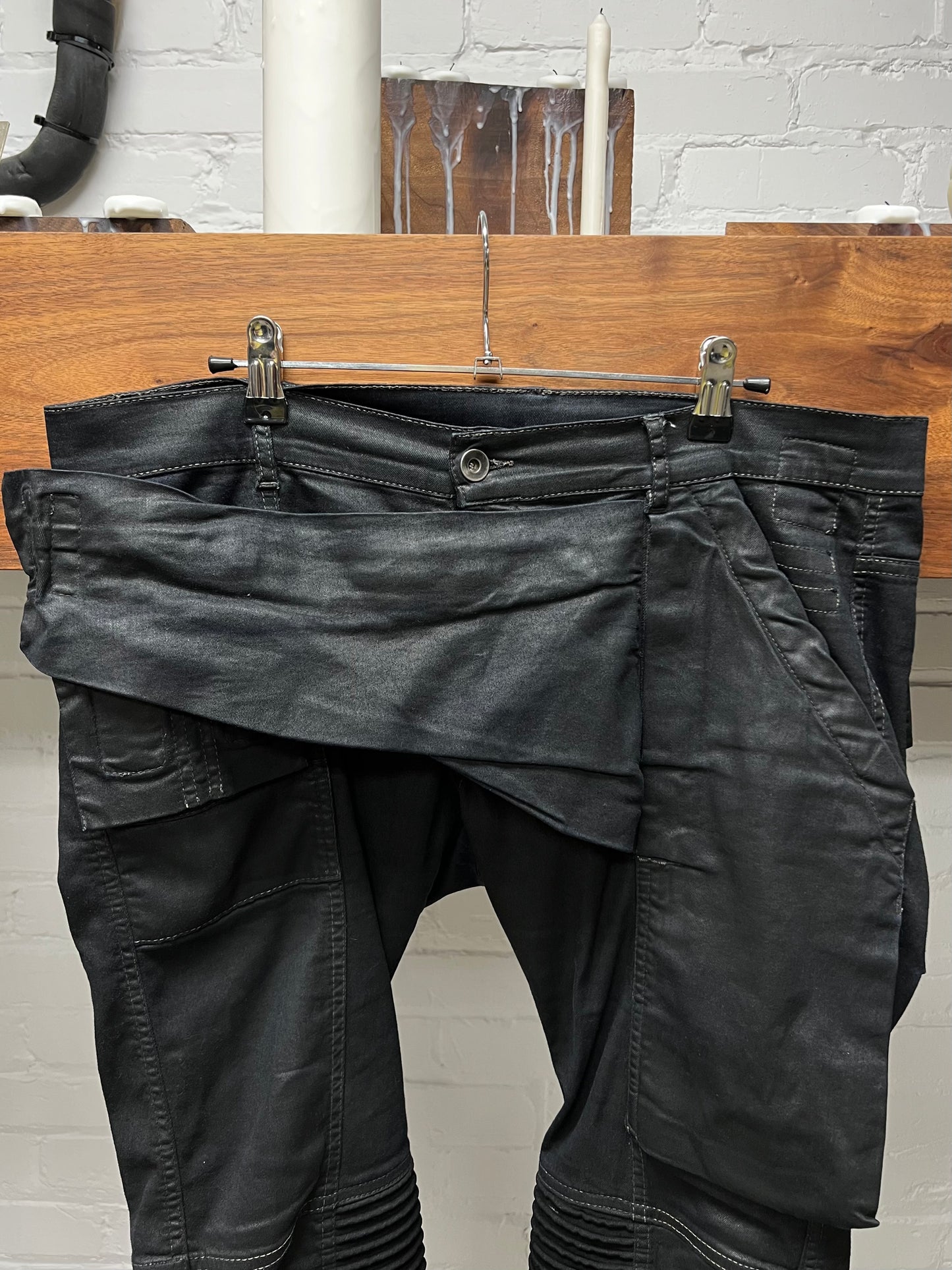 2014 Rick Owens ‘Memphis’ Waxed Black Biker Panelled Cargo Denim