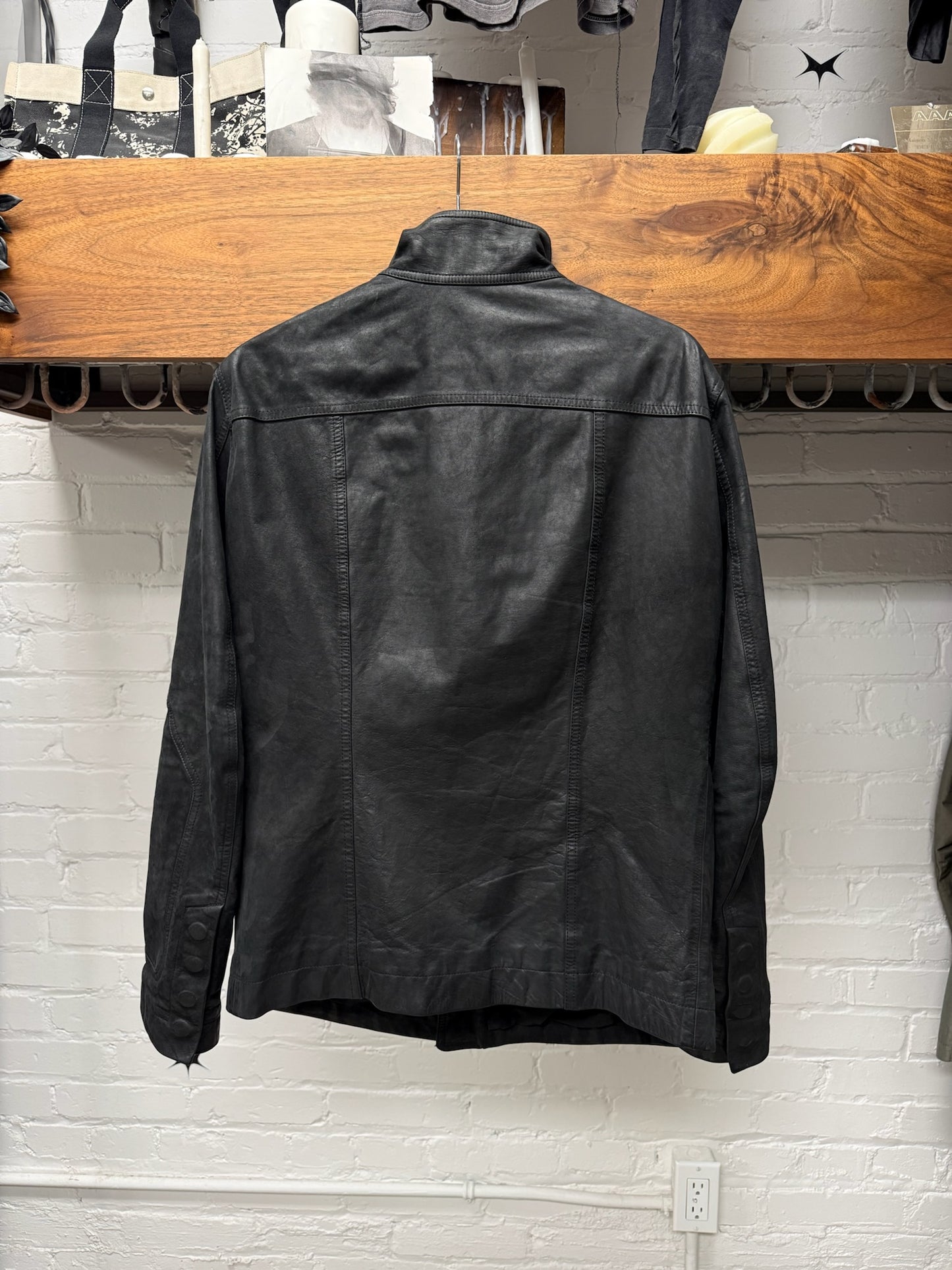 Rick Owens Mainline ‘Mollino’ Black Lambskin Leather High Neck Zip Jacket