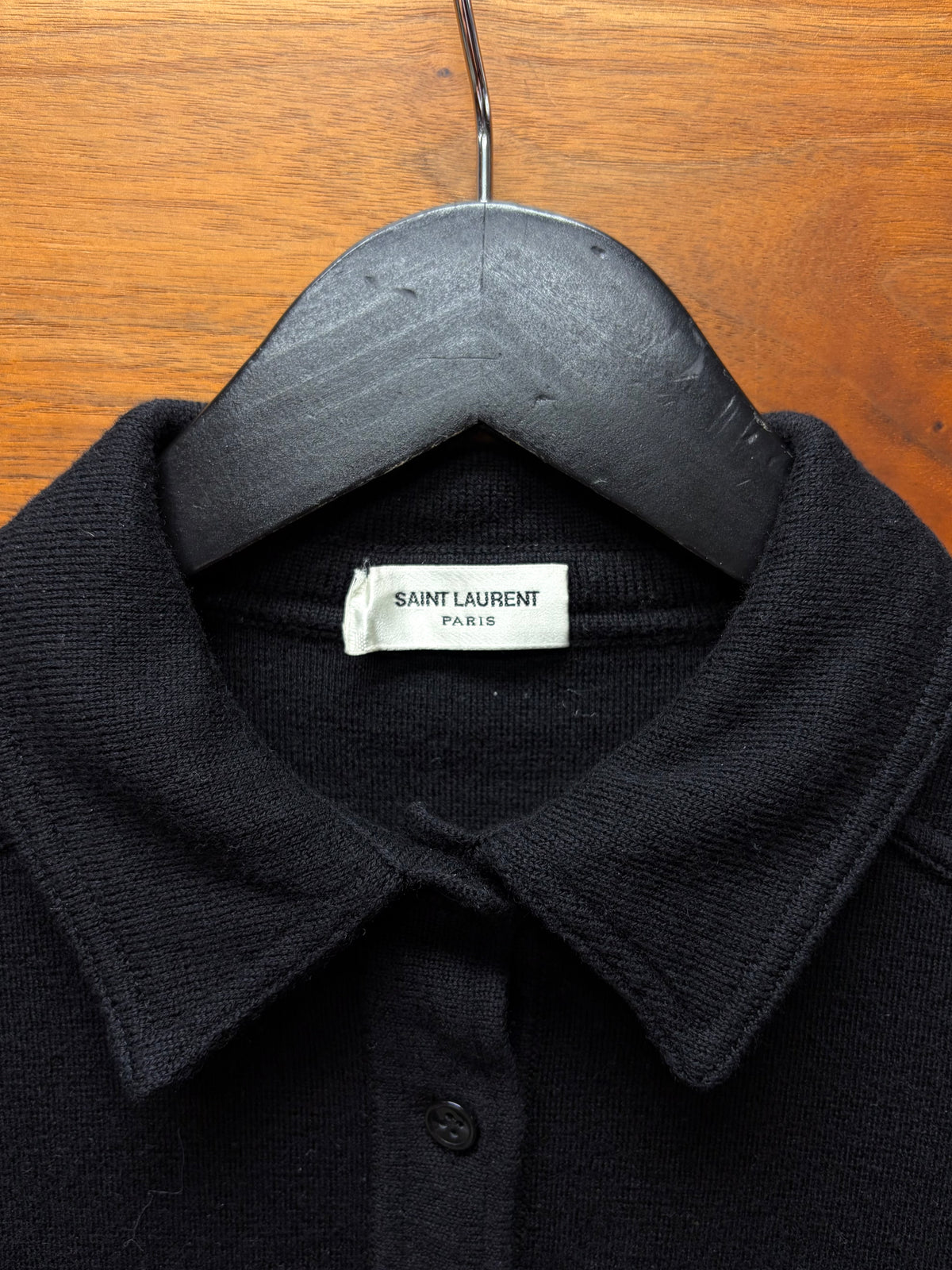 Saint Laurent Cropped Black Ribbed Cotton Full Button ‘Military Inspired’ Polo