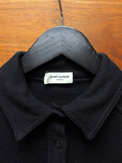 Saint Laurent Cropped Black Ribbed Cotton Full Button ‘Military Inspired’ Polo