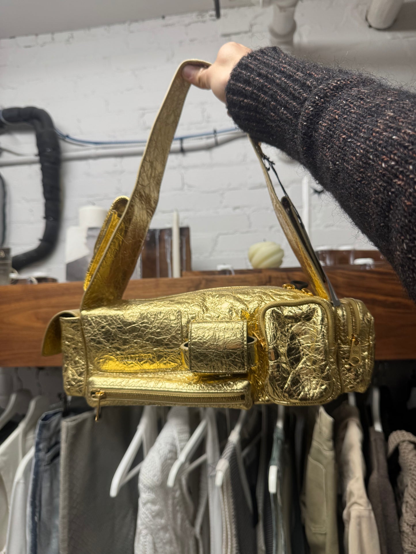 2024 Balenciaga ‘Metalized’ Gold Lamb Leather ‘Superbusy’ Cargo Bag