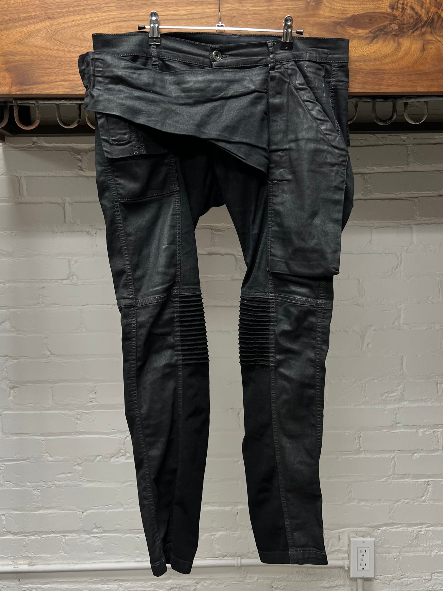 2014 Rick Owens ‘Memphis’ Waxed Black Biker Panelled Cargo Denim