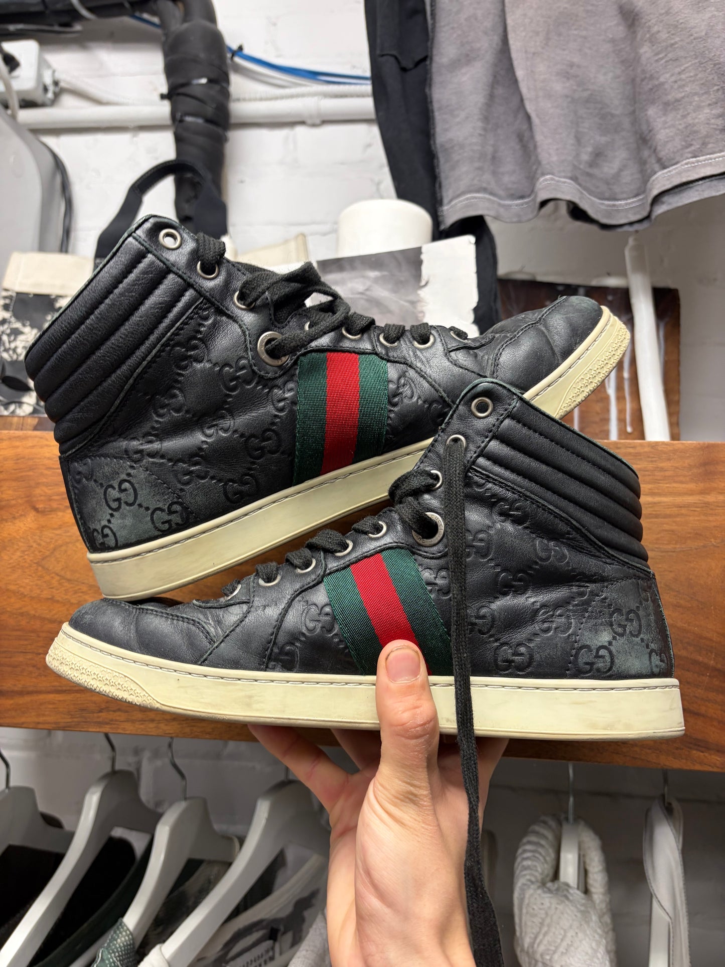 Gucci ‘Guccissima’ Black Leather Web High Top Sneakers