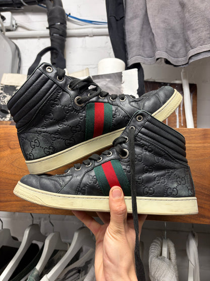 Gucci ‘Guccissima’ Black Leather Web High Top Sneakers