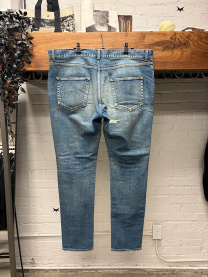 2019 Saint Laurent ‘D02’ Distressed Knee Blue Skinny Jeans