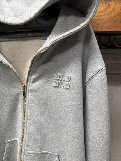 Miu Miu ‘Appliqué Logo’ Grey Cotton Zip-Up Hoodie