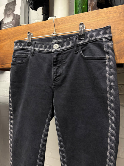 Chanel ‘Chain Print’ Black Skinny Jeans with Monogram Leather Jacron Patch