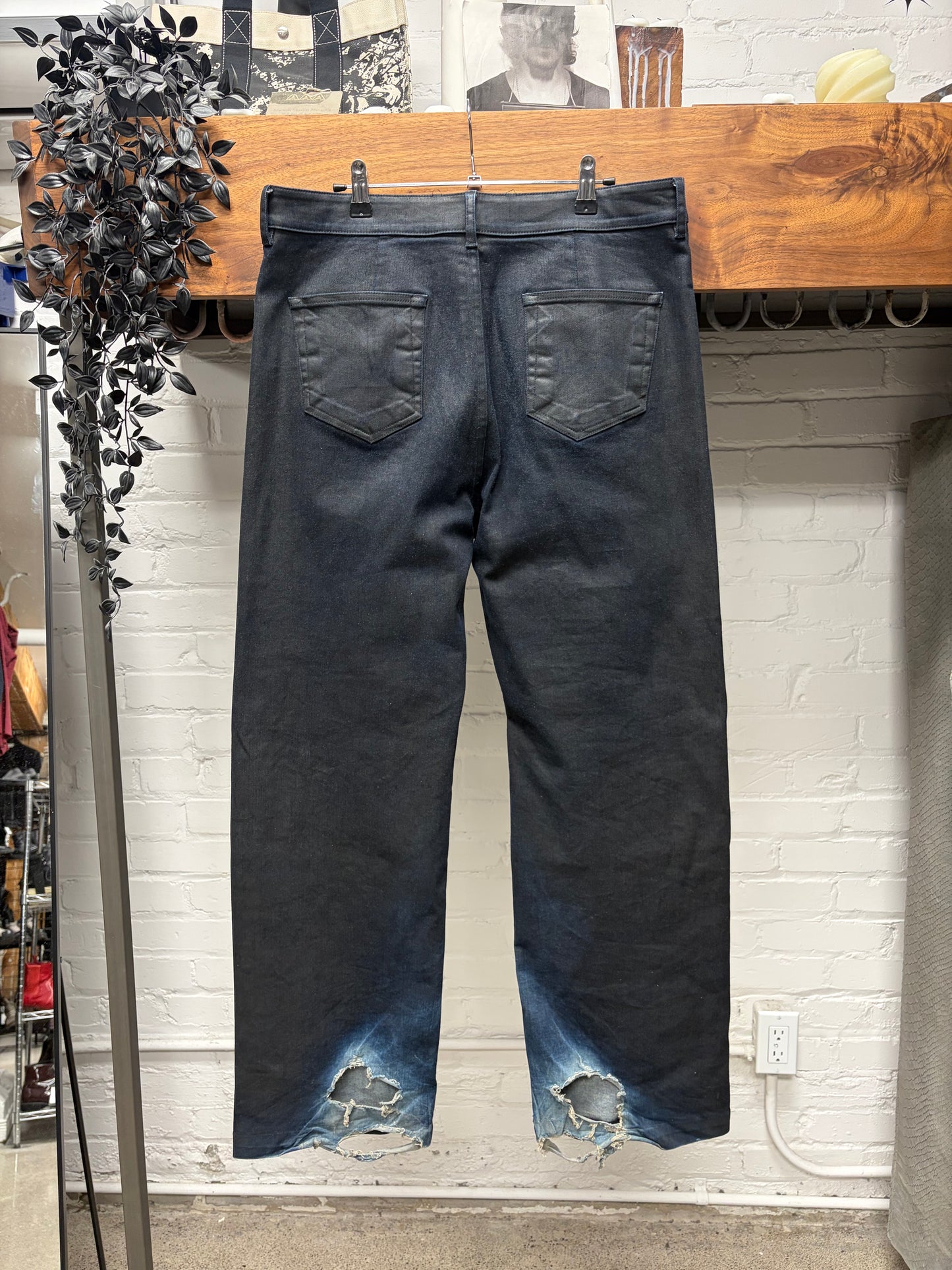 Rick Owens Overdyed Blue/Black Waxed ‘Geth Cut’ Wide Leg Denim