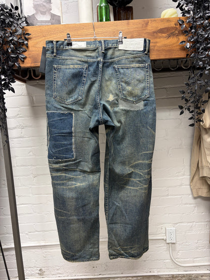 Neighborhood Selvedge ‘DP’ Wide Leg Repaired Washed Blue Denim
