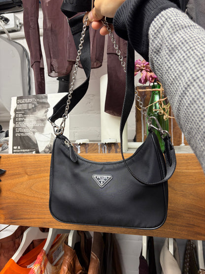 Prada 2005 Re-Edition Black ‘Re-Nylon’ Black Saffiano Mini Bag with Crossbody Strap