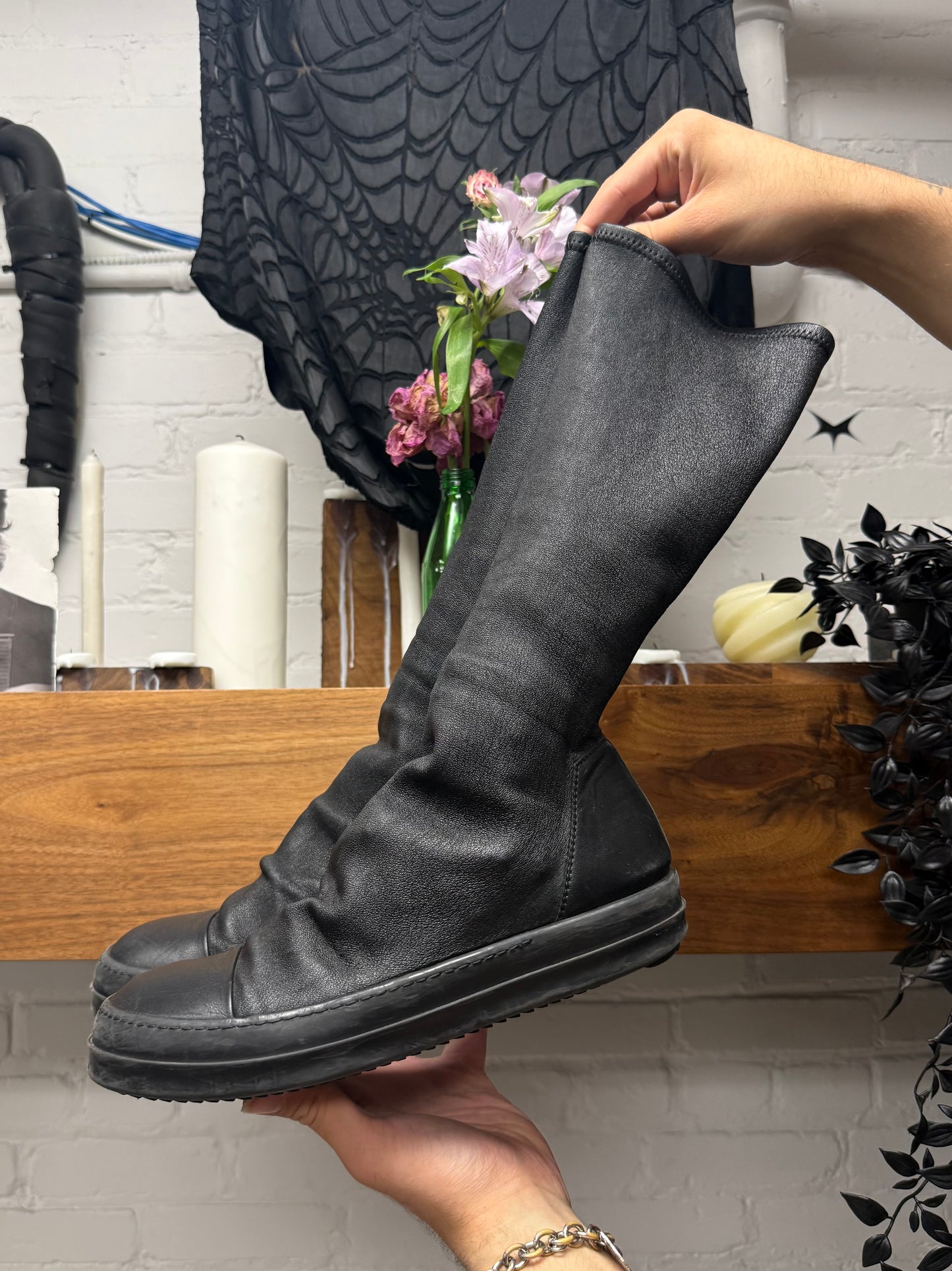 Rick Owens Waxed Black Canvas ‘Sock Ramones’ High Top Sneakers