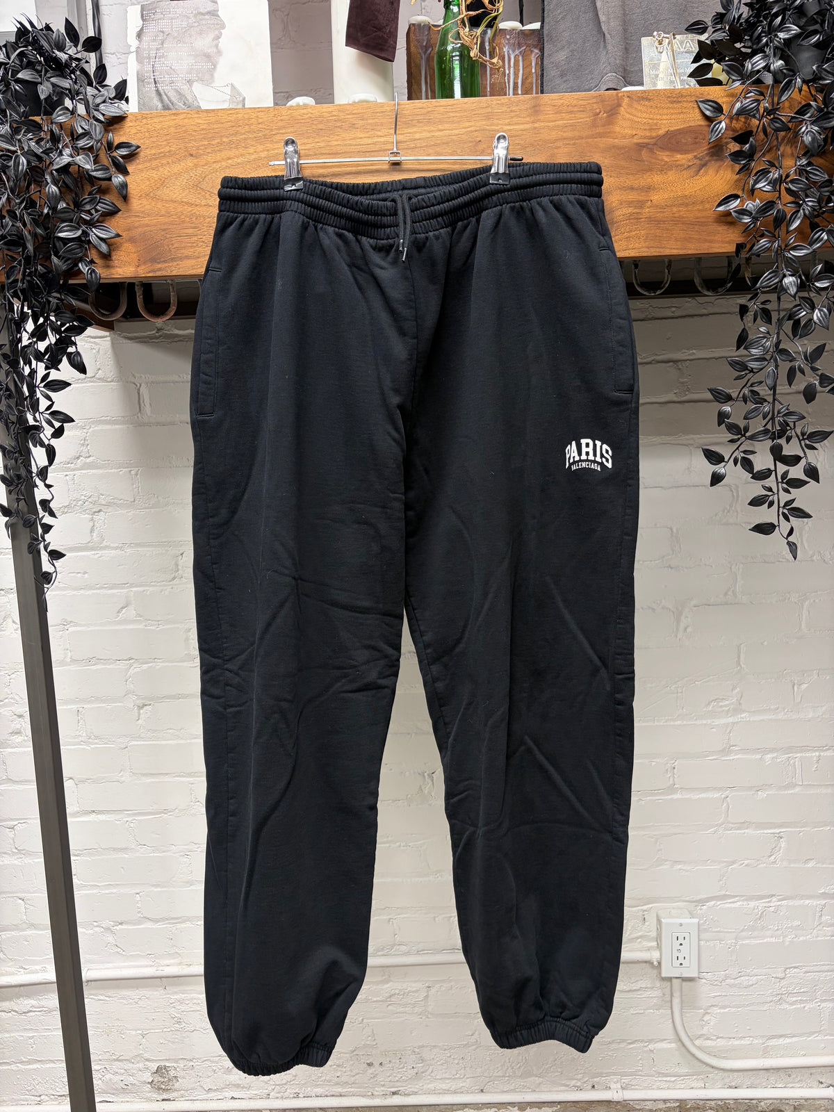 2021 Balenciaga ‘Paris’ Collegiate Embroidered Logo Black Cotton Sweatpants