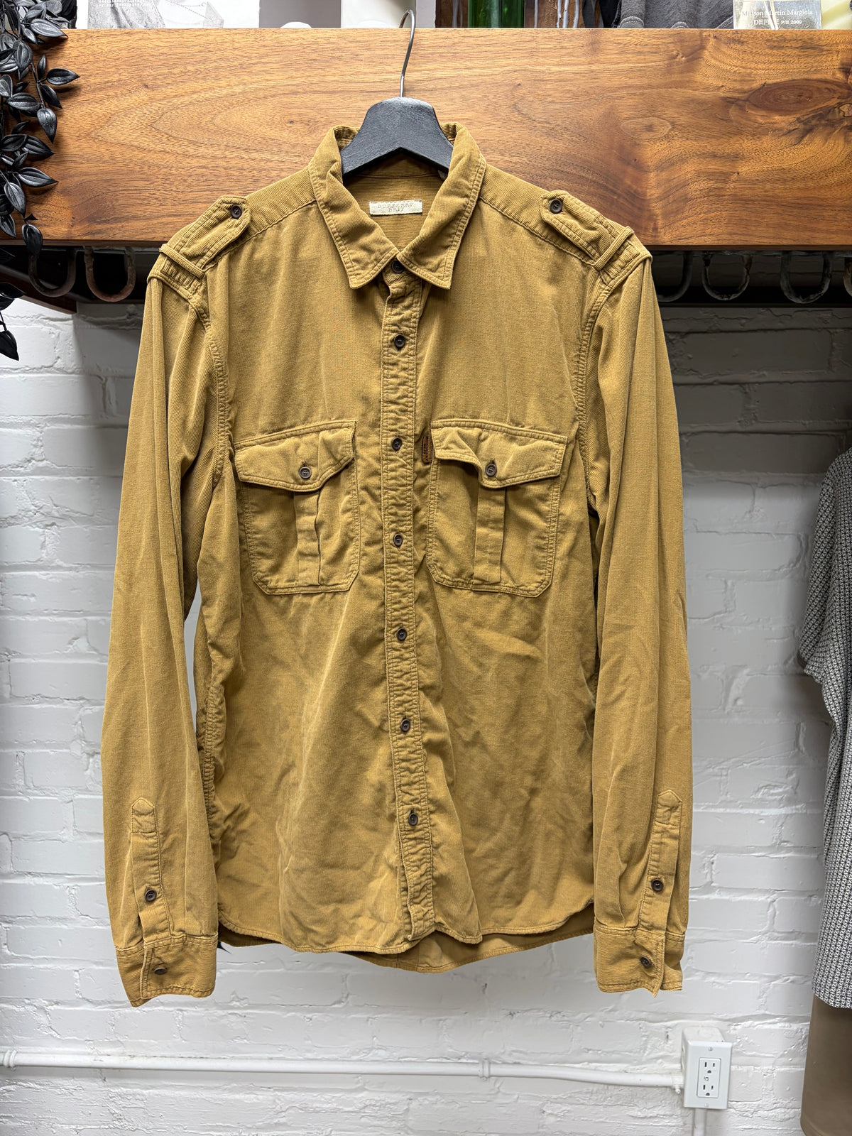 Burberry Caramel Brown Corduroy Button Up Shirt with Shoulder Epaulettes