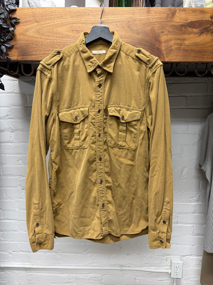 Burberry Caramel Brown Corduroy Button Up Shirt with Shoulder Epaulettes