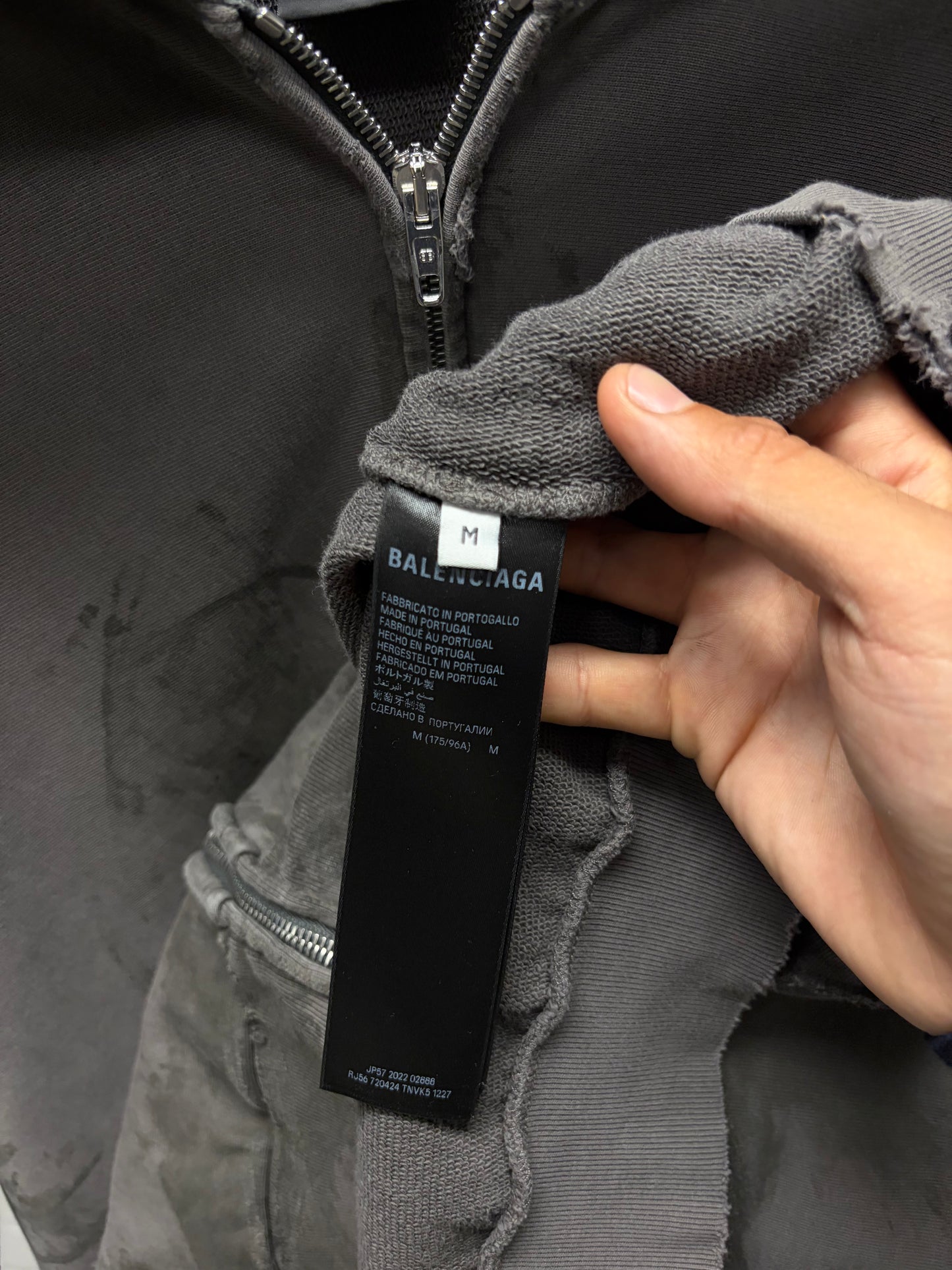 AW2023 Balenciaga Mudshow ‘Gaffer Tape’ Grey Distressed Zip-Up Hoodie