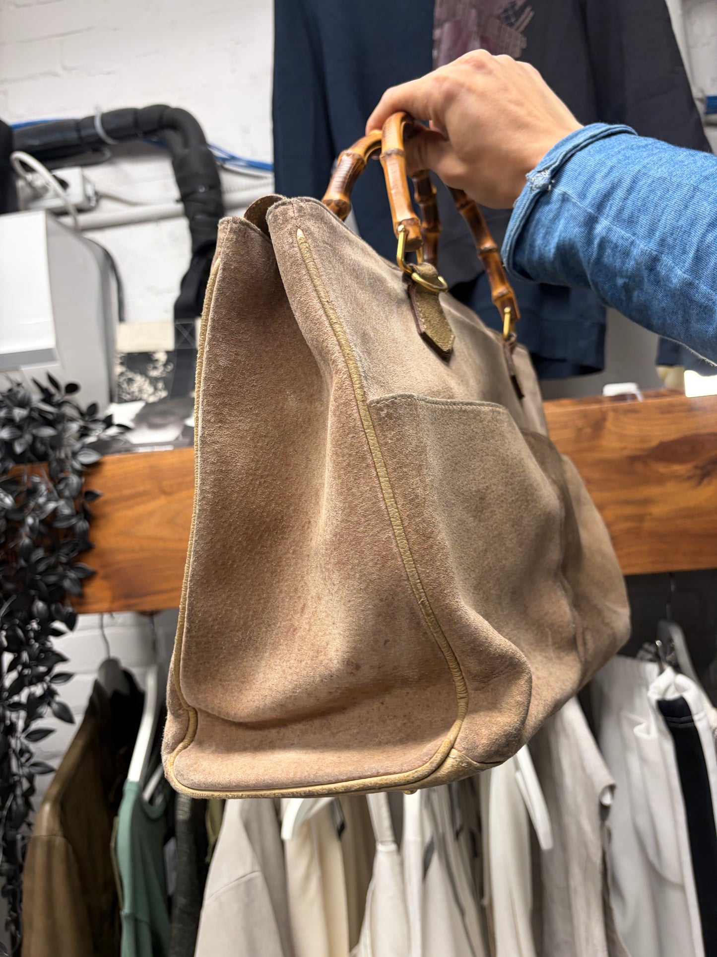 Gucci Bamboo Top Handle Brown Suede Work-Bag