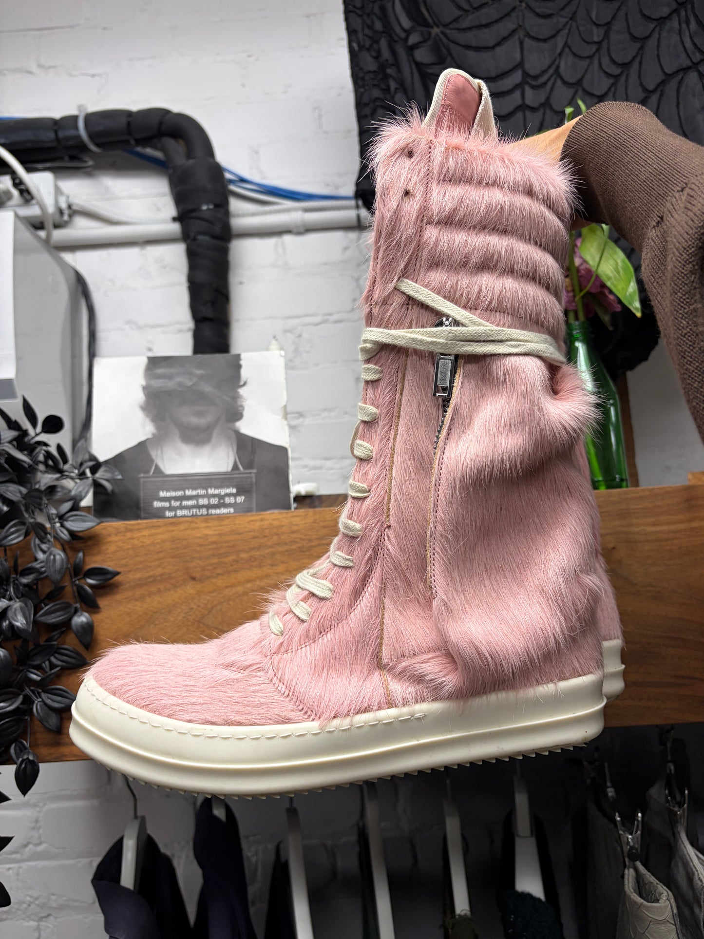 Rick Owens Pink Pony-Hair/Milk ‘Cargobasket’ High Top Sneakers