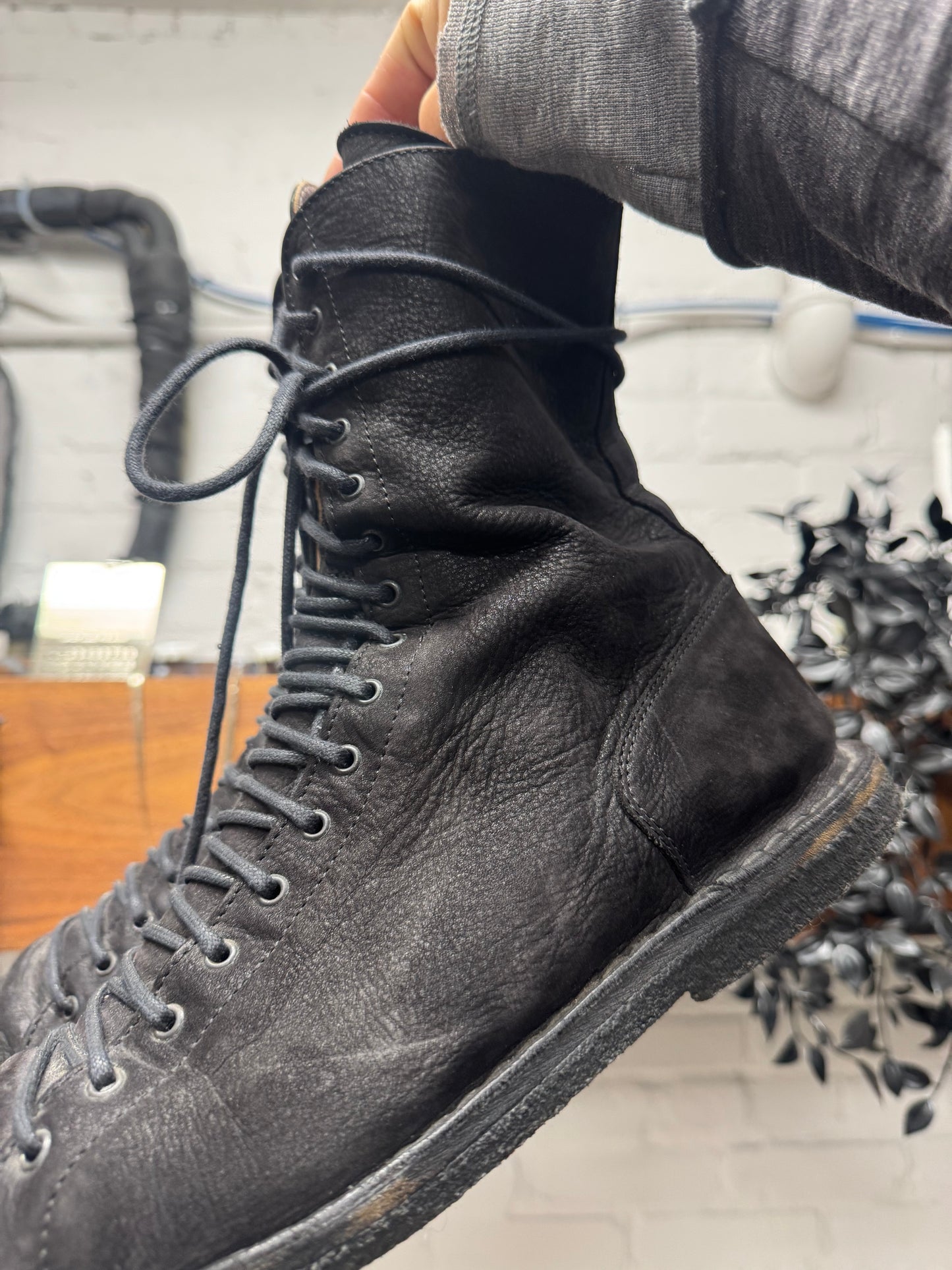 Ann Demeulemeester Black Blistered Suede Crepe Sole ‘Boxing’ Boots