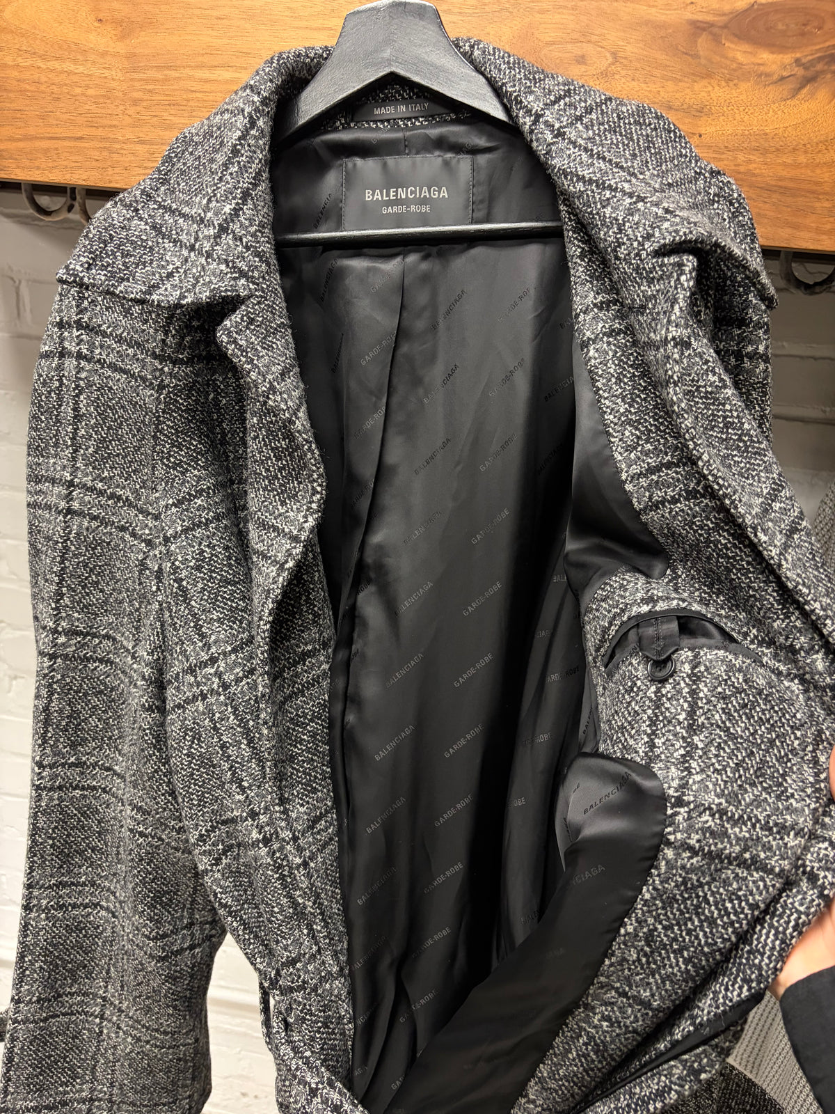 AW2025 Balenciaga Distressed ‘Raglan One Layer’ Plaid Belted Wool Full Length Trench Coat