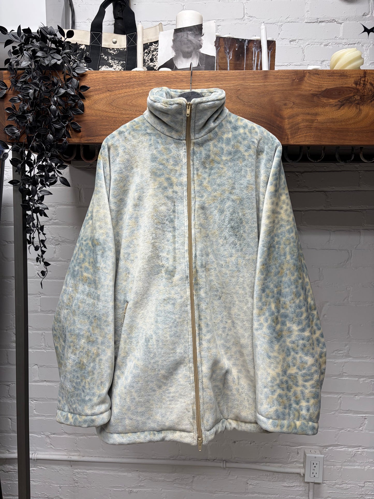 2024 Balenciaga Stand Collar Blue Leopard Print Fleece Jacket