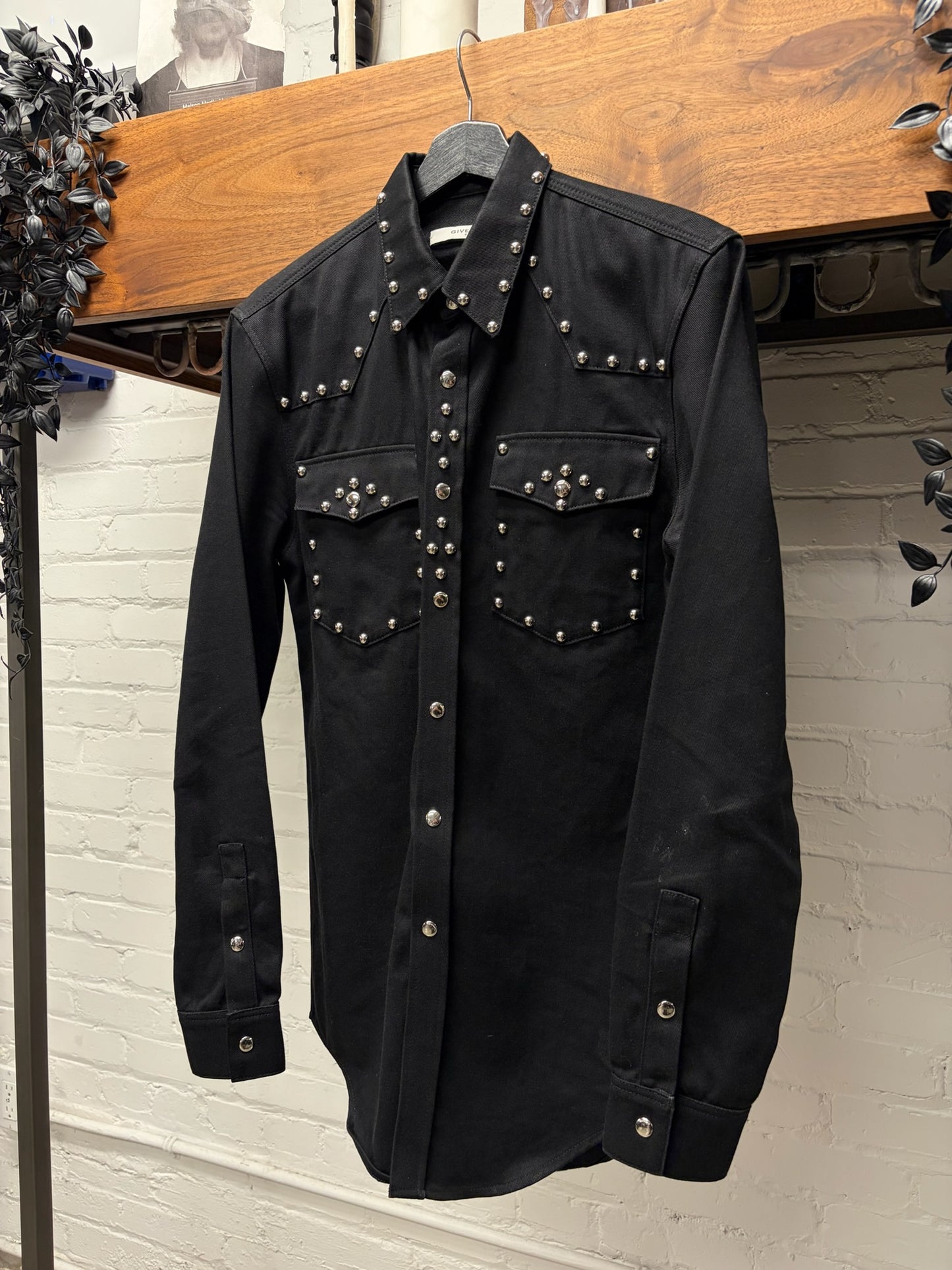SS2016 Givenchy by Ricardo Tisci Black Studded Denim Pearl Button Snap Shirt