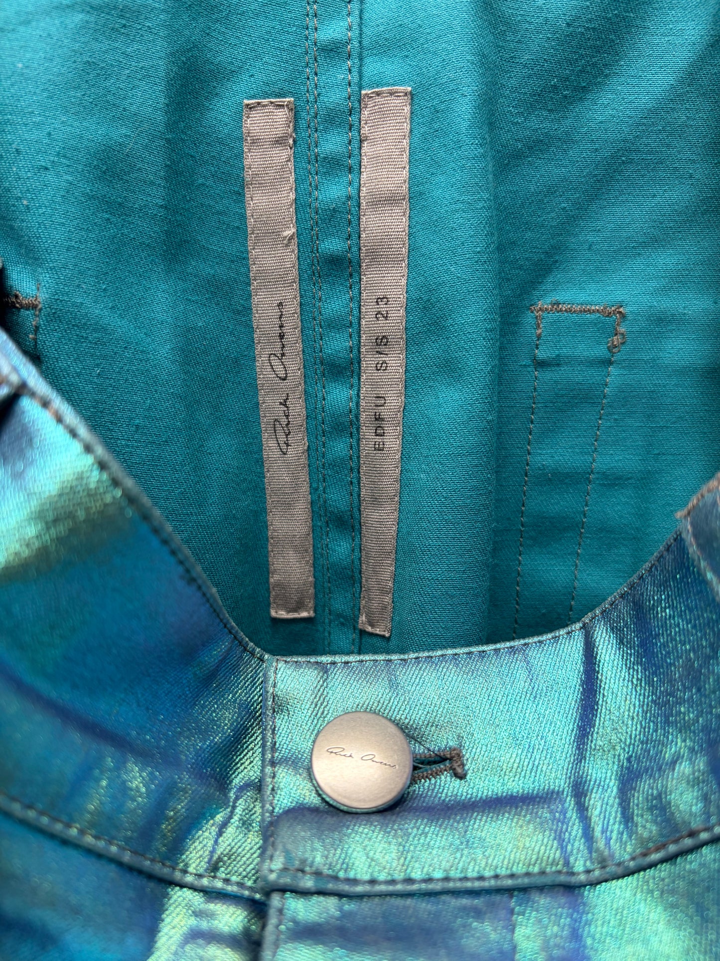 SS2023 Rick Owens ‘Edfu’ Iridescent Blue ‘Bolans’ Flared Leg Pants