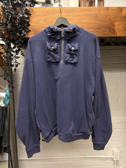 Kapital ‘Nickel 4’ Quarter Zip Dyed Blue Cargo Pocket Sweatshirt