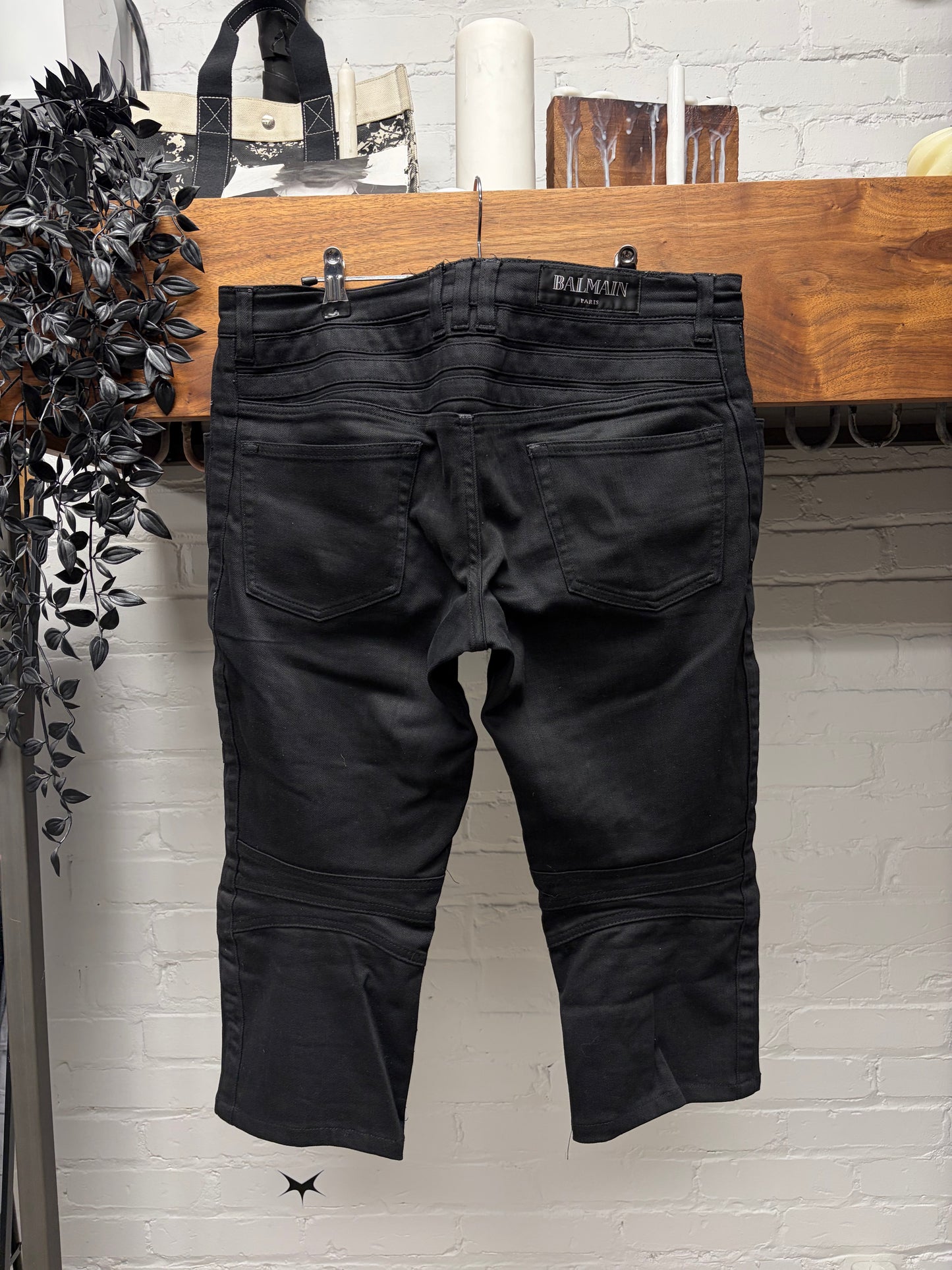 Balmain Waxed Black Biker Knee Capri Cut Denim Shorts