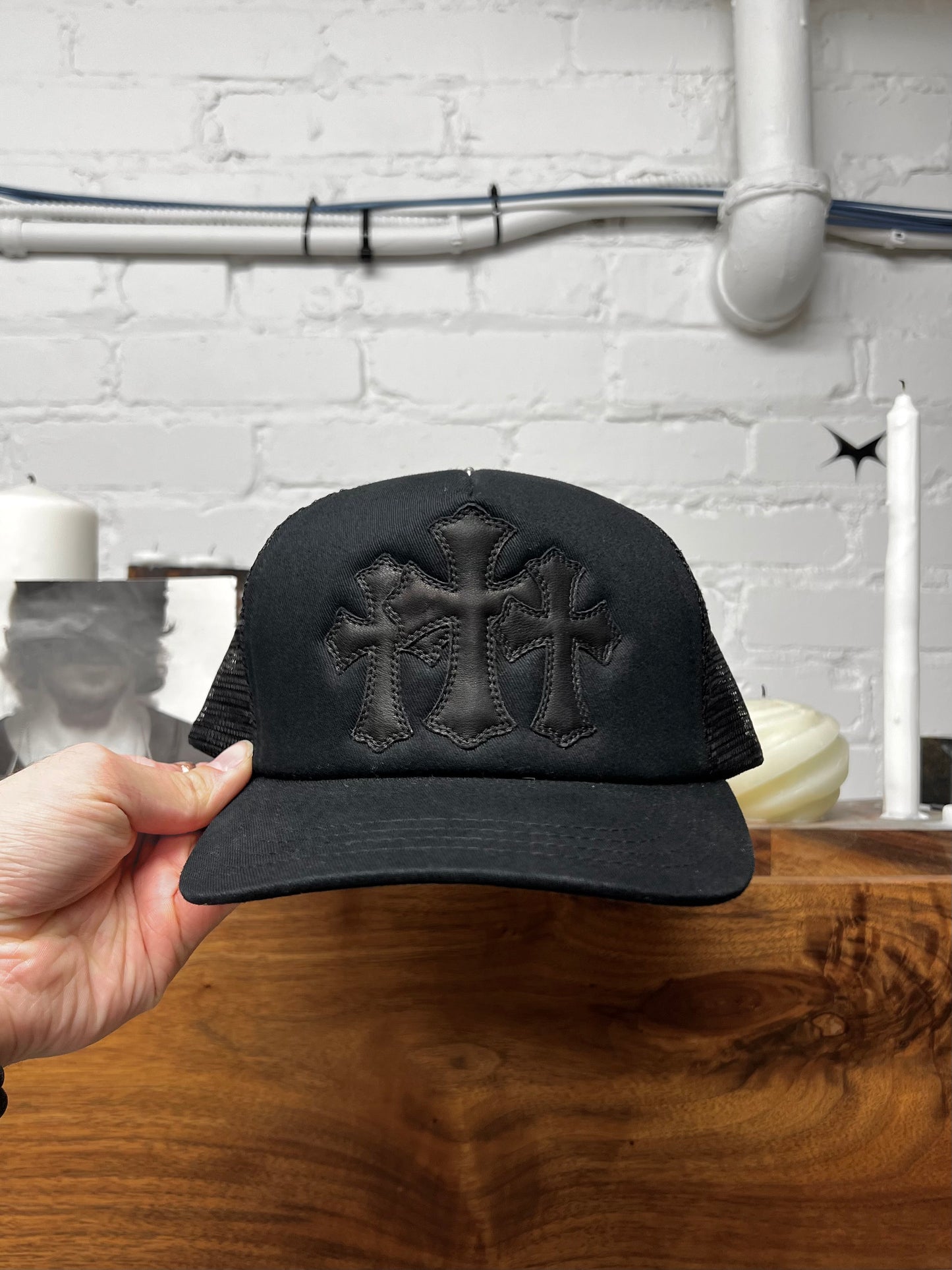 Chrome Hearts Leather ‘Cemetery’ Triple Cross Patch Snap Back Hat