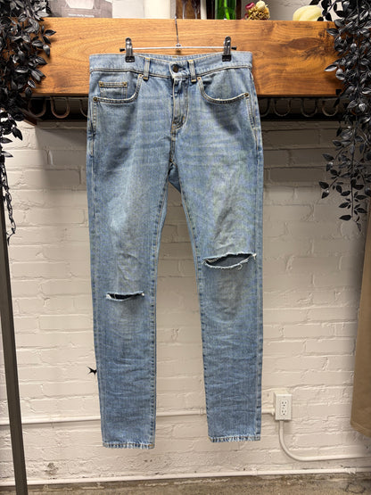 2017 Saint Laurent D02 Blue Distressed Knee Blowout Skinny Jeans