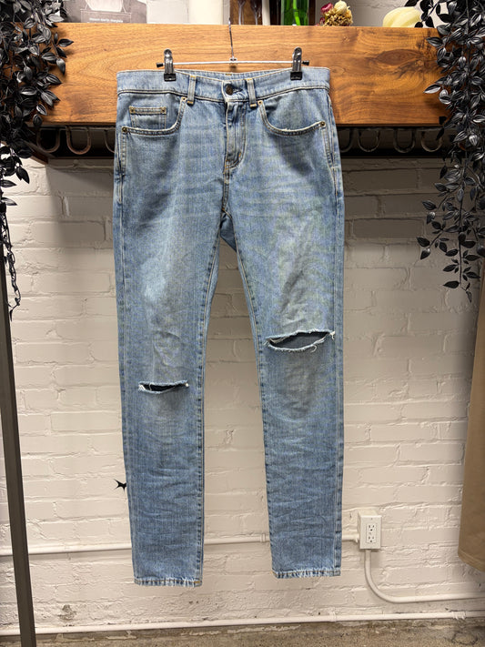 2017 Saint Laurent D02 Blue Distressed Knee Blowout Skinny Jeans