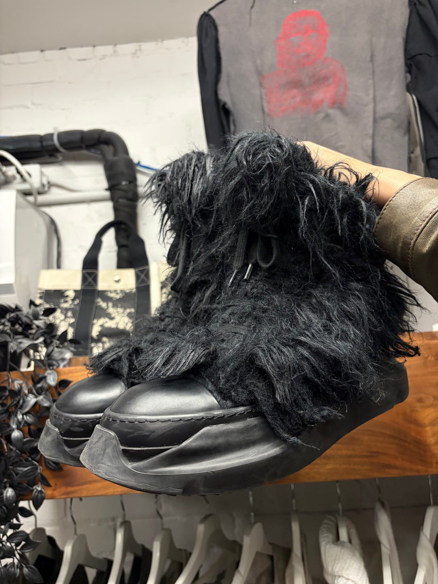 Rick Owens ‘Abstract’ Black Faux Fur Shag High Top Sneakers
