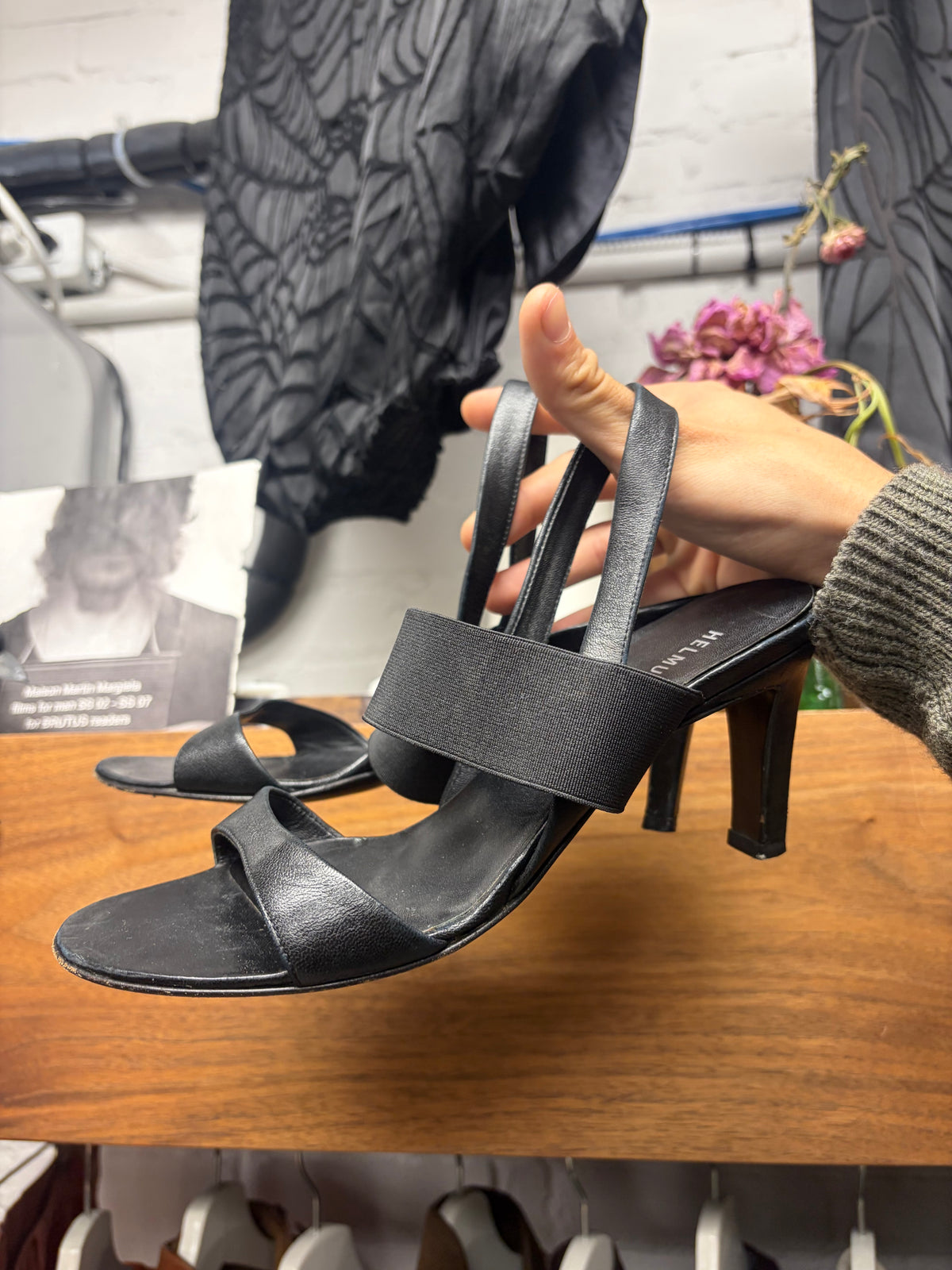 Vintage Helmut Lang Slingback’ Elasticated Strap Black Leather Heeled Pumps