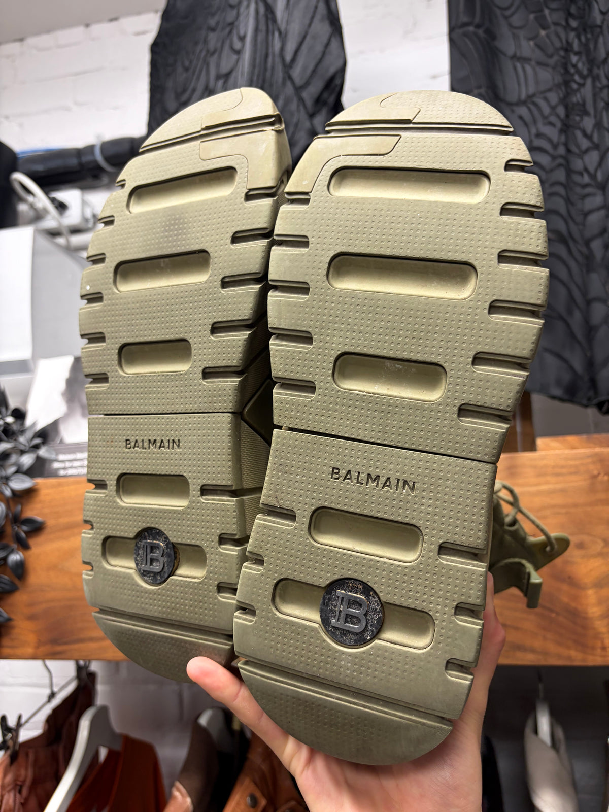 Balmain Khaki ‘B-Army’ Green Suede Combat High Top Sneaker/Boots