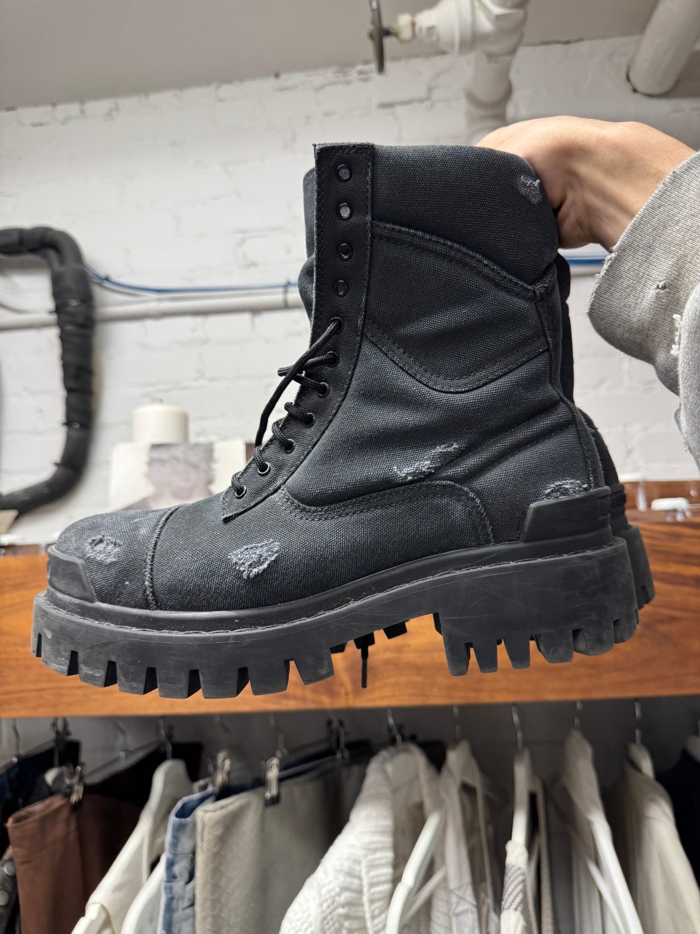 Balenciaga ‘Strike’ Distressed Canvas Black Combat Boots