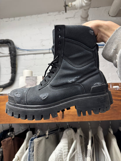 Balenciaga ‘Strike’ Distressed Canvas Black Combat Boots