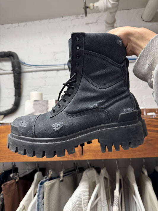 Balenciaga ‘Strike’ Distressed Canvas Black Combat Boots