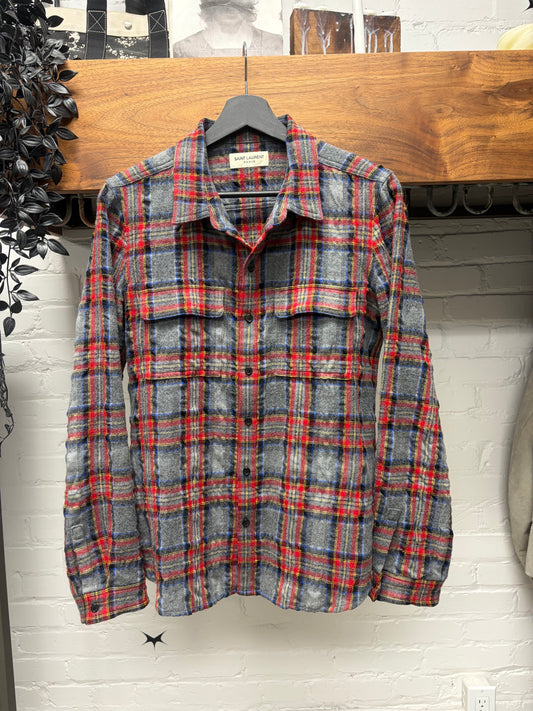 2021 Saint Laurent Plaid Wool Flannel Button Up Shirt