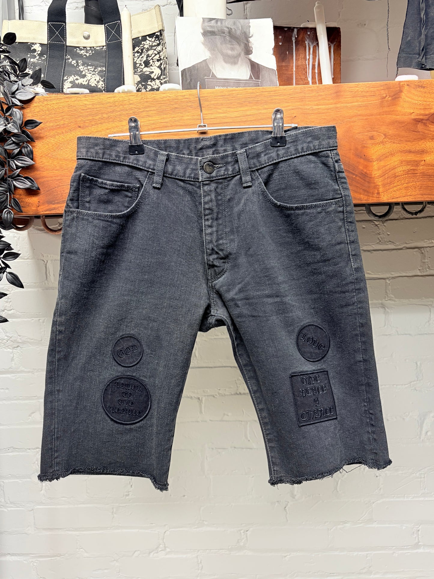 AW2004 Number (N)ine ‘Give Peace a Chance’ Denim Patchwork Shorts